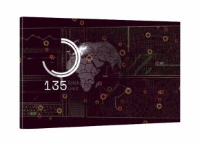 Showing dotted globe labeled India with circular ring showing 135 Sotck Limit on maroon UI, maps