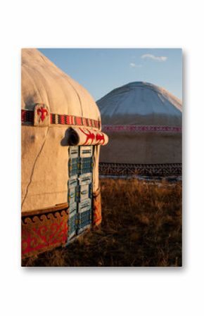 Kazakh yourt in evening steppe.