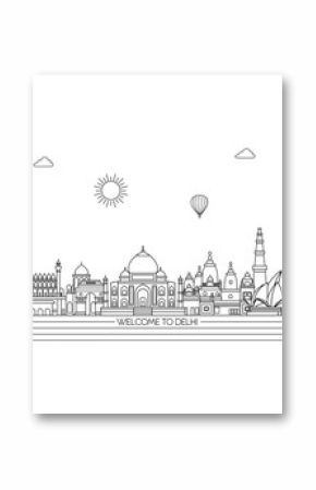 Delhi detailed skyline. Travel and tourism background. Vector background. line illustration. Line art style