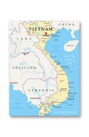 Vietnam political map with capital Hanoi, national borders, important cities, rivers and lakes. English labeling and scaling. Illustration.