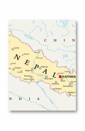 Nepal political map with capital Kathmandu, national borders, cities and rivers. Federal democratic republic and landlocked country in South Asia, bordered to China and India. English labeling.