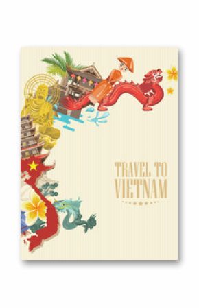 Travel to Vietnam. Set of traditional Vietnamese cultural symbols. Vietnamese landmarks and lifestyle of Vietnamese people
