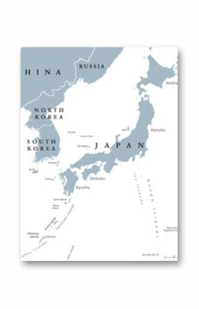 Korean peninsula and Japan countries political map with national borders and islands. Nations in East Asia. English labeling and scaling. Gray illustration on white background.