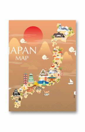 Japan travel map in flat illustration.