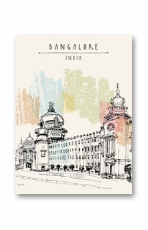 Bangalore (Bengaluru), Karnataka, India. Building in Neo-Dravidian style. Vintage hand drawn postcard