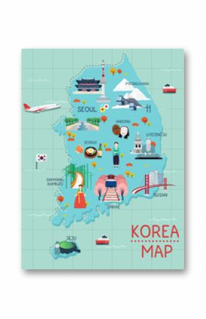 Traveling to korea by landmrks icon map illustration