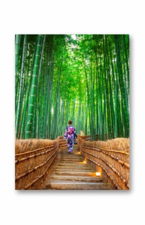 Bamboo Forest. Asian woman wearing japanese traditional kimono at Bamboo Forest in Kyoto, Japan.