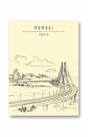 Bandra-Worli Sealink, cable-stayed vehicular bridge in Mumbai, India. Hand drawn postcard