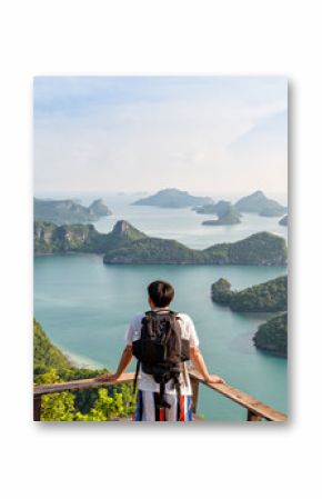 Backpack Asian man on the mountain see view panorama the beautiful nature landscape of the sea adventure on vacation travel leisure to Asia on Mu Ko Ang Thong island National Park background, Thailand