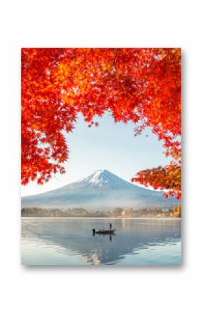 Colorful Autumn Season and Mountain Fuji with morning fog and red leaves at lake Kawaguchiko is one of the best places in Japan