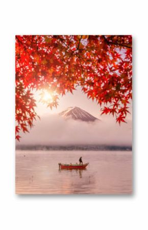 Czerwone jesienne liście, łódź i góry Fuji