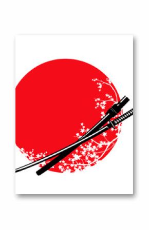 traditional samurai sword and blooming sakura branches - katana and japanese red sun vector design