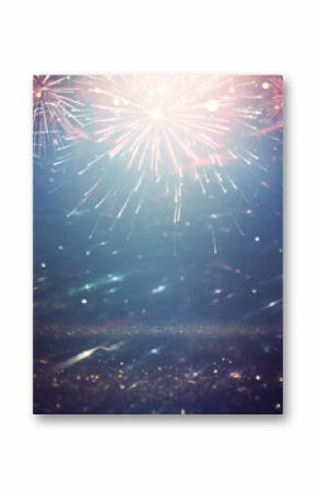 abstract black, red and blue glitter background with fireworks. christmas eve, 4th of july holiday concept