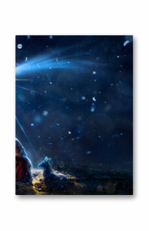 Nativity Of Jesus With Comet Star - Scene With The Holy Family In Snowy Night And Starry Sky - Abstract Defocused Background