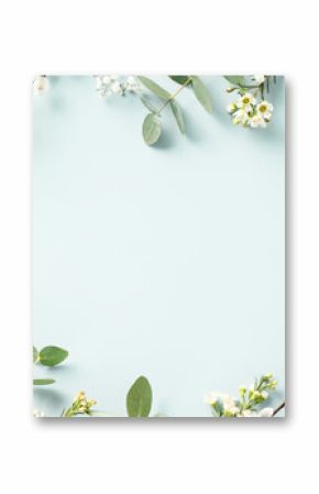 Spring flower frame on blue background copy space flat lay mock up