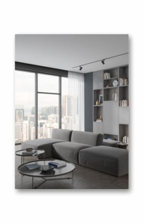 Grey living room interior with couch and shelf with decoration, panoramic window