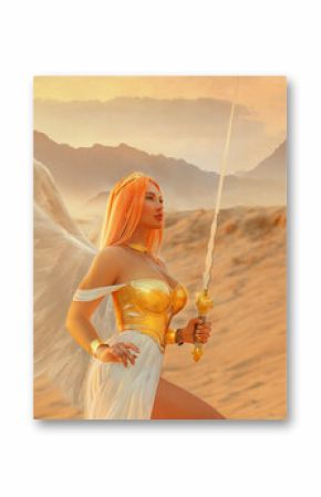 Fantasy woman angel warrior with white wings, creative costume warlike sexy girl goddess. golden armor metal corset, white Greek style dress crown. Lady elf holding sword in hand. Dune desert sand sky