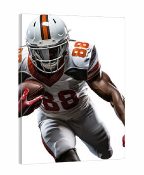 Athletic American football player in a white and orange uniform runs with a ball in his hand