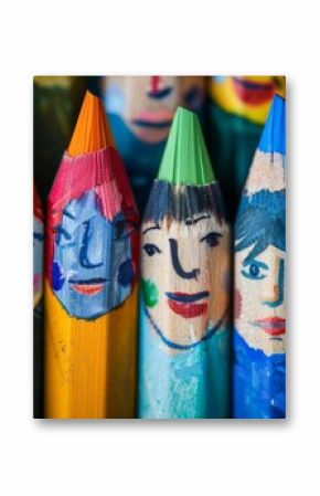 The concept of a multinational family and global equality illustrated by color pencils with painted faces.