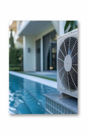 Outdoor Swimming Pool Heating by Heat Pump HVAC Technician Testing New Device Next to the Pool. with copy space image. Place for adding text or design