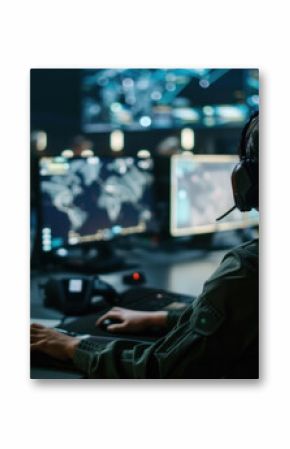 An operator monitors global network activity from a high-tech control room. Military operations, intelligence concept
