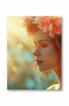 Beautiful stylish creative summer background. Spring fashion portrait of a woman with flowers and butterflies on her head and in her hair.  Female beauty concept