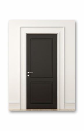 A minimalist room with a contrast of a black door against a white wall. The hardwood flooring complements the black door, creating a modern aesthetic