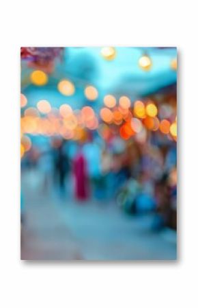 Traditional ornate lanterns hanging at an Eastern market with a blurred background of a bustling bazaar, suitable for Ramadan backgrounds with copyspace