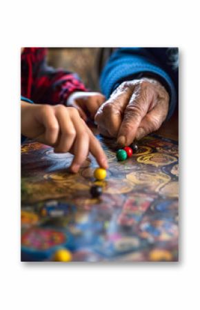 Photo of a family playing a board game, with a close-up on the elderly hands moving a game piece, illustrating the joy of shared activities