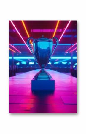 Stylish Neon Lights with Cool Area Design display the eSports Winner Trophy on a stage in the middle of the Computer Video Games Championship Arena.