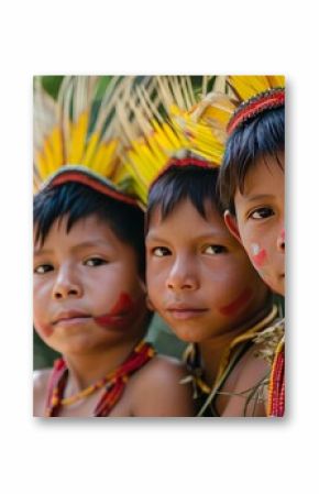 Curious Amazonia native tribe children. Culture jungle. Generate Ai