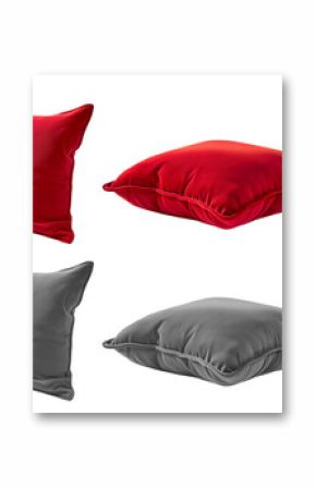  2 Collection set of red maroon grey gray blank cushion pillow cover, front side lying view on transparent cutout, PNG file. Many angle. Mockup template for design