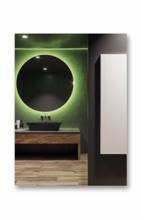 Elegant bathroom interior with LED lighting and round mirror and white poster mockup. 3D Rendering