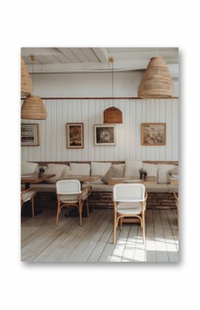 Interior of an empty cafe with wooden furniture, cushions, woven pendant lights and framed pictures on a light background. Generative AI