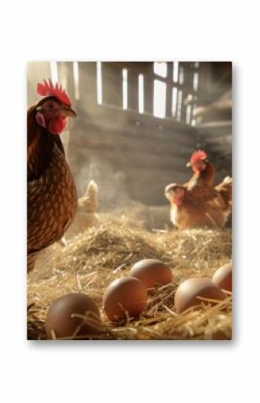 Hen with Eggs in Barn