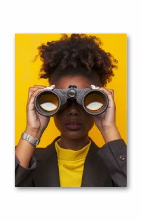 Woman with Binoculars on Yellow