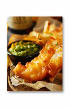 Plate of fish and chips with beer