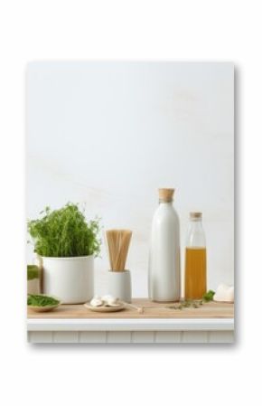 An environmentally friendly and recyclable collection of products showcased on a clean white wooden background featuring plastic free kitchen accessories This banner format is perfect for advertising