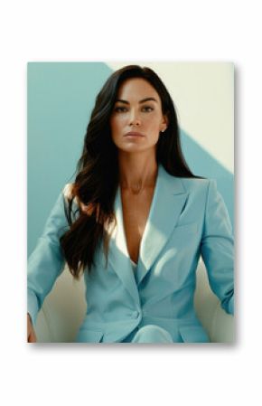 A beautiful woman with long brown hair in an elegant light blue suit sits on a white chair, looking at the camera and smiling.