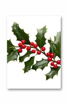 Close-up of holly leaves with red berries on a white background.  PNG transparent.