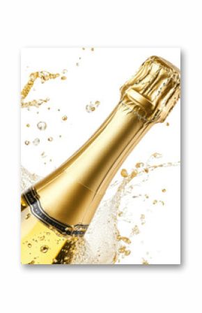 Champagne bottle with splash isolated on a white background.  PNG transparent.