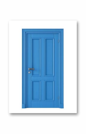 Classic blue door with frame, isolated on white background, creating a bold statement