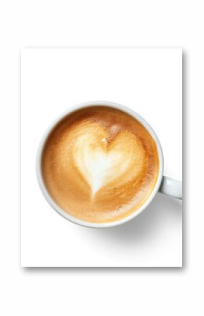 Cup of coffee with heart shaped latte art on top, view from above, isolated on transparent background. Generative AI