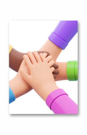 Cartoon hands of different colors joined in a circle. Isolated on white background. 3D rendering. Concept of teamwork and unity