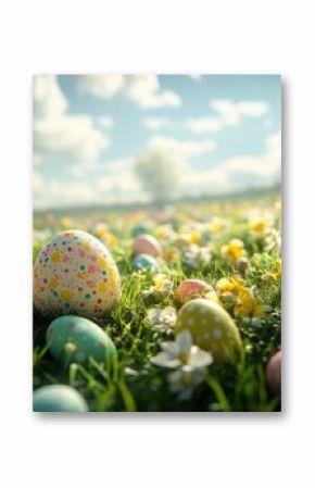 A peaceful Easter egg hunt taking place in a field, with eggs tucked away in bushes and trees