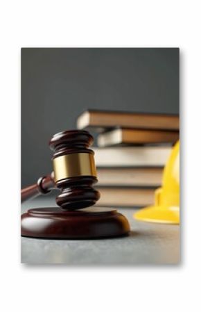 Construction law concept with gavel, yellow helmet, books in background. Civil engineering, property rights, legal protection, business case, architecture, building codes. Safety, worker compensation