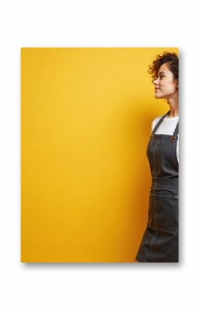 Young woman waiter in denim apron looks away. Girl barista smiles. Smiling female in studio. Happy employee posing in restaurant. Portrait of beautiful waitress, occupation, career.