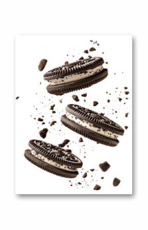flying Oreo cookies with crumbs isolated on transparent white background, clipping path