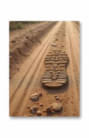 Shoeprint imprinted in dusty brown ground, off-road. Sole imprint on dirt road. Hiking trail concept. Journey, travel, freedom, adventure, exploration, discovery, walking path. Concept of travel,