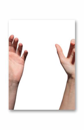 hand reaching out, ready to grab or hold something. Palm open with fingers extended, symbolizing offering or receiving. Closeup view of a hand in a sunny setting, isolated on white background, ideal.